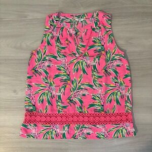 Crown & Ivy Top Womens Pink Tropical Toucan Print Sleeveless Lace Trim Size M